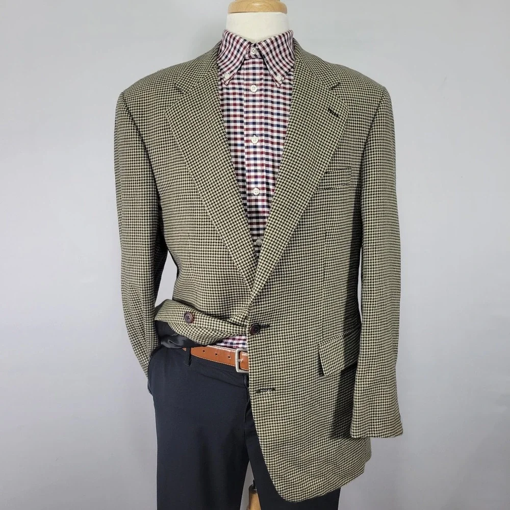 VTG Chaps Ralph Lauren Men's Sport‎ Coat Blazer Beige Houndstooth Wool Sz 42L